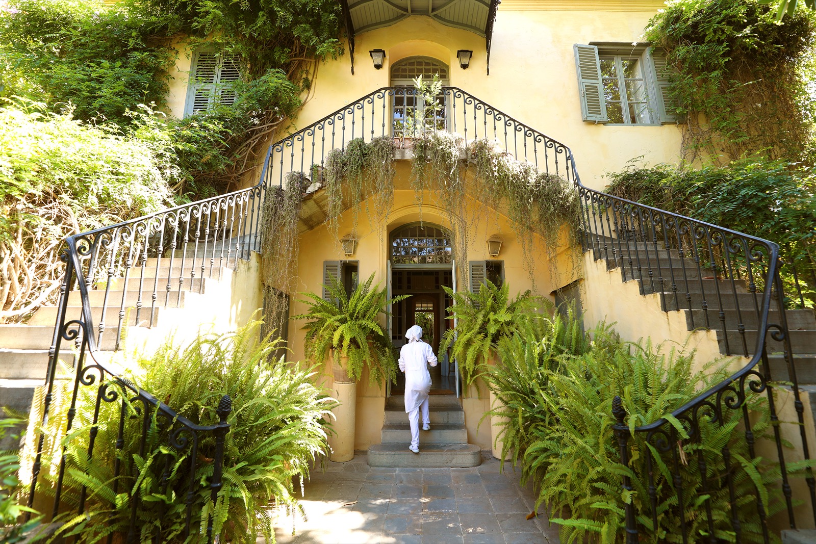 La façade de Mimi Calpe et son escalier extérieur, sous la glycine