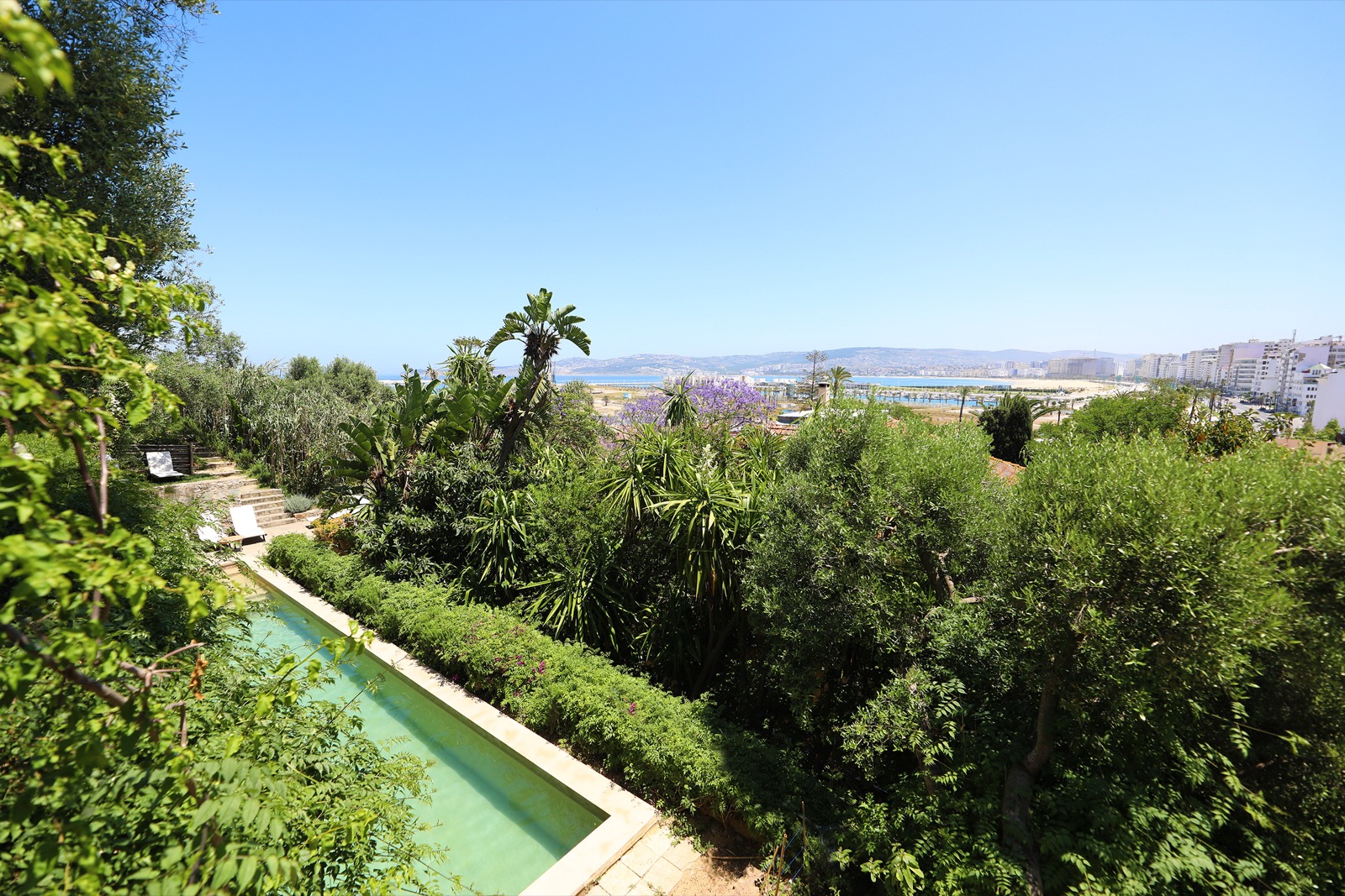La grande piscine étirée dans la verdure du jardin, la baie de Tanger en toile de fond